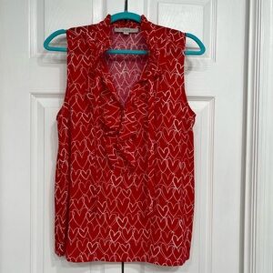 LOFT Red Heart Print Ruffle Blouse. Size Medium.